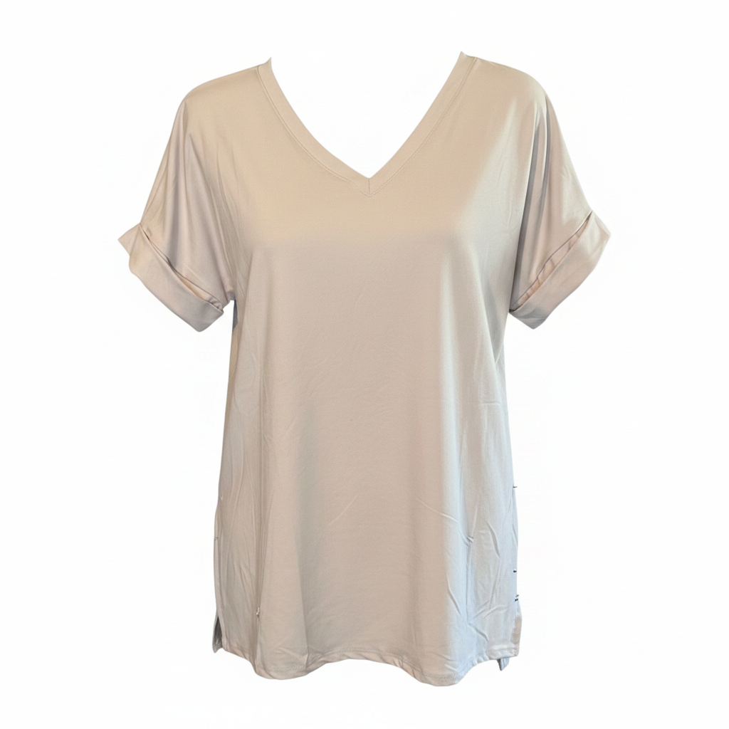 Pinned Short Sleeve Beige V-Neck - White Background