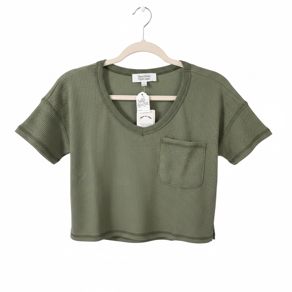 Green waffle crop top on white background