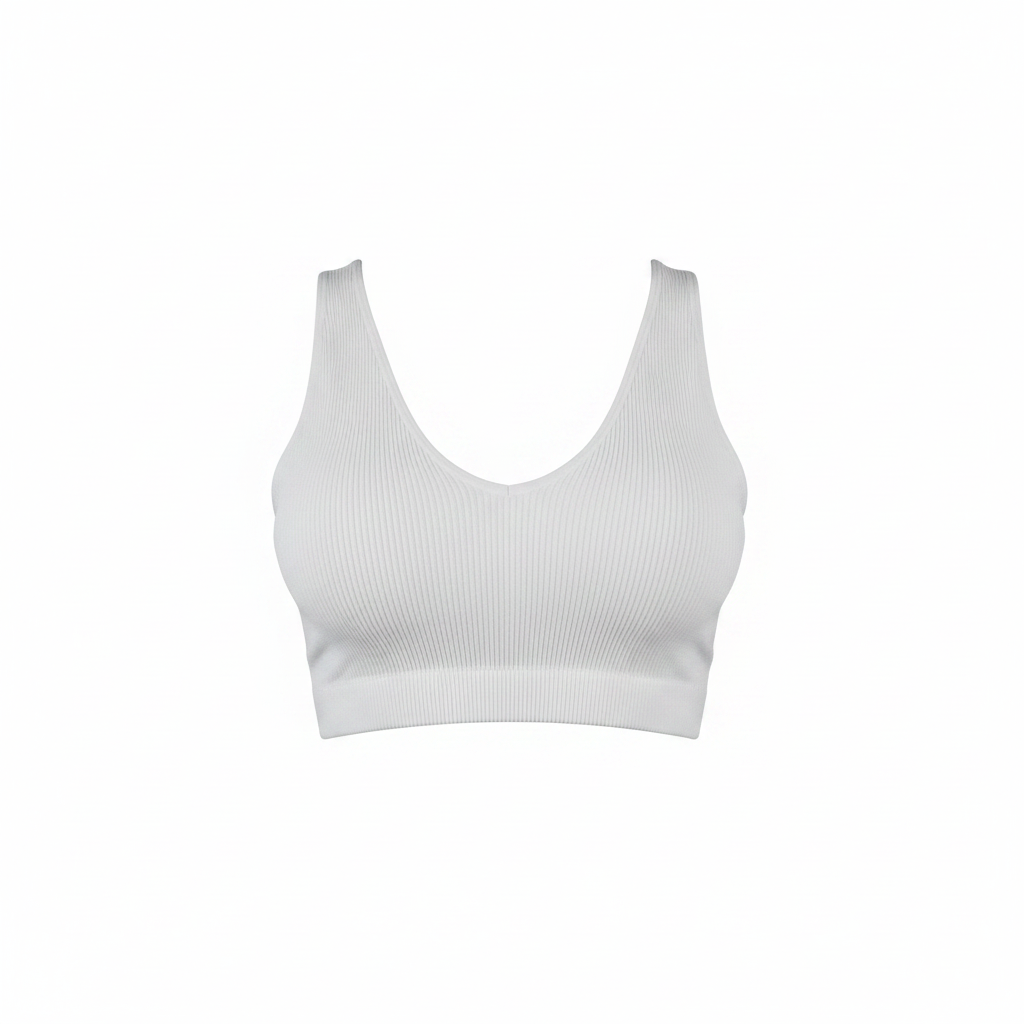 Zenana White Ribbed Bra - White Background Front