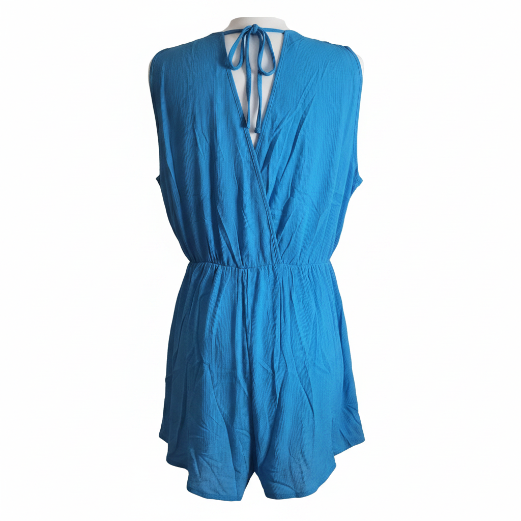 Zenana V-Neck Romper - White Background Back with Tie